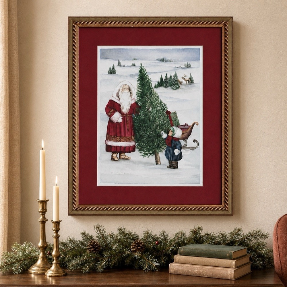 Vintage Old World Santa Watercolor Folk Art Framed Signed Kleineschay 23x19